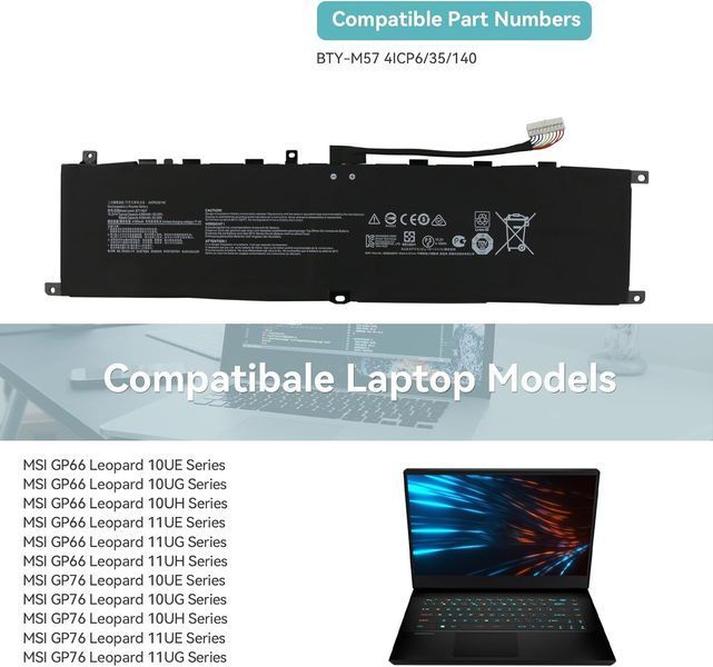 Батарея MSI BTY-M57 акумулятор для ноутбука MSI GP66 GP76 MS-17K3 Leopard 10UG Series (15.4V 5700mAh 88Wh) LBM-068495 фото